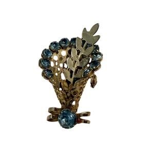 Vintage MCM Gold Tone Blue Rhinestone Bouquet Brooch (SF5)